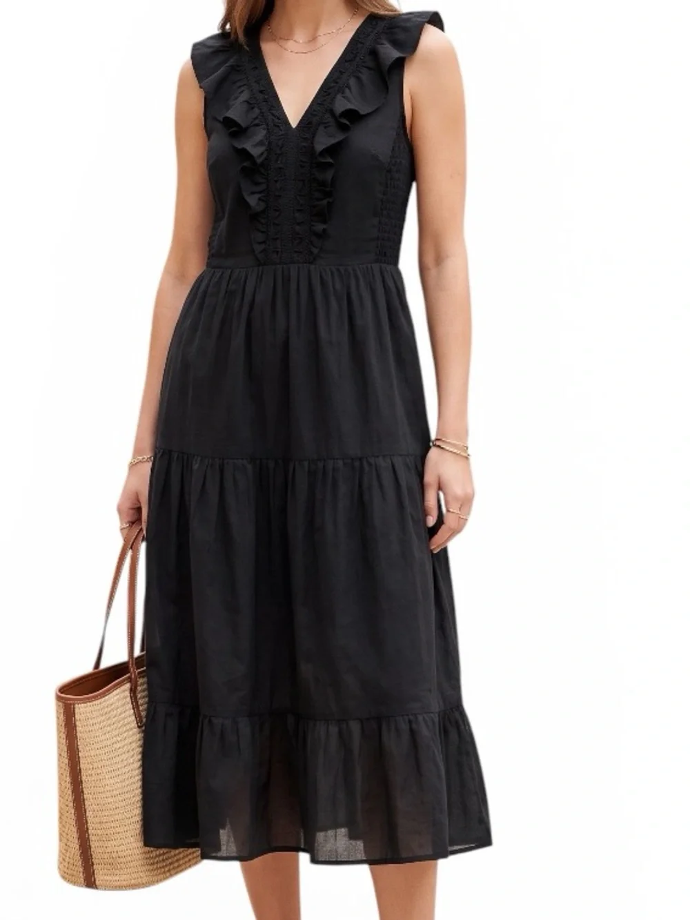 J.Crew Black 100% Cotton Ruffle Tiered Midi Dress Sleeveless Pockets Sz 12 Boho